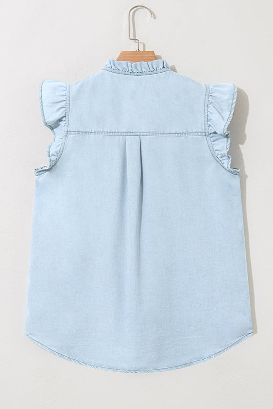 Mazie Mineral Wash Cap Sleeve Frilled Button Up Denim Shirt-1