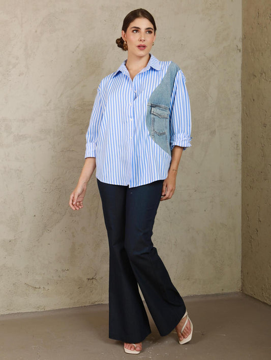 ‘Striped Denim Pocket’ Button Top-1
