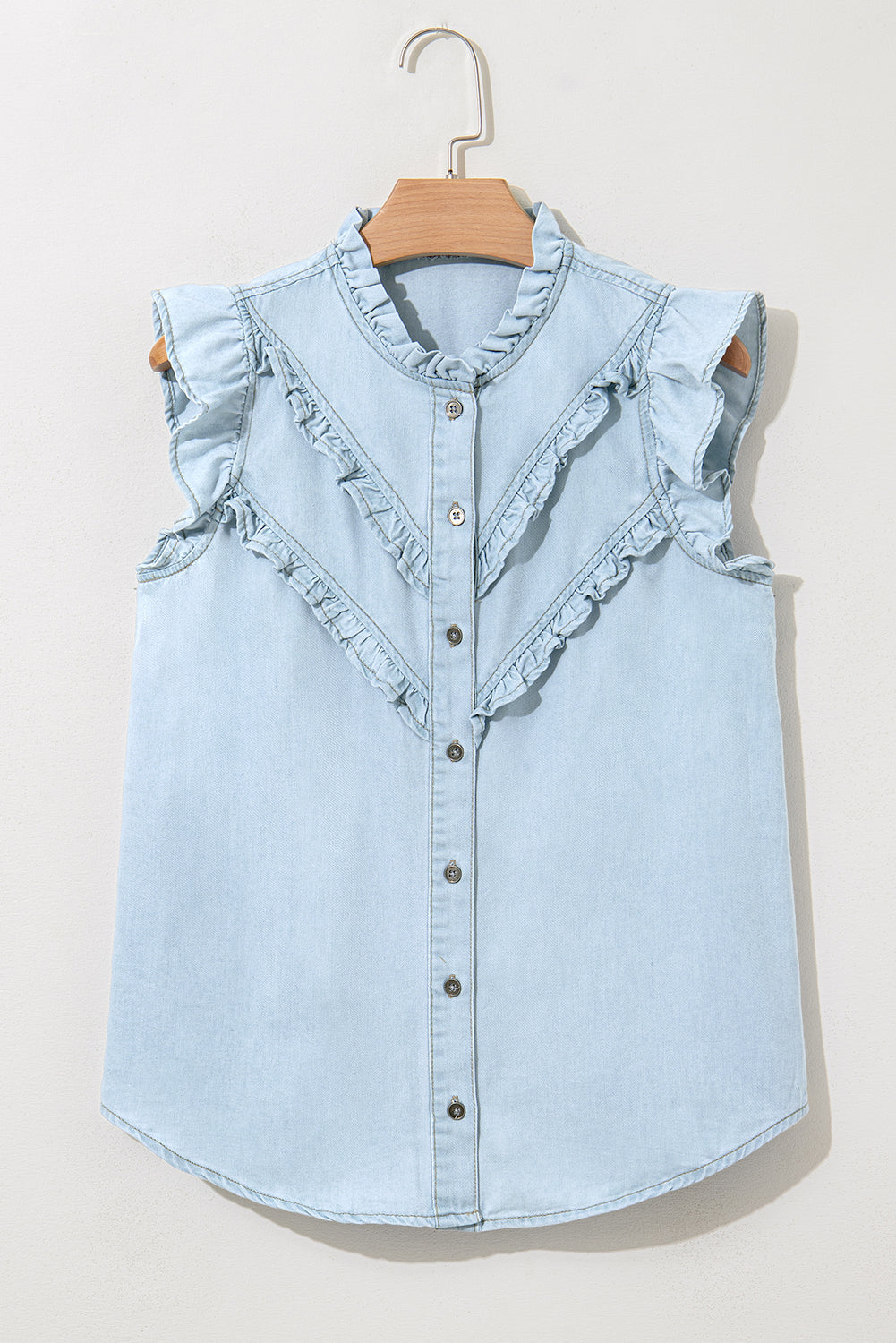 Mazie Mineral Wash Cap Sleeve Frilled Button Up Denim Shirt-0
