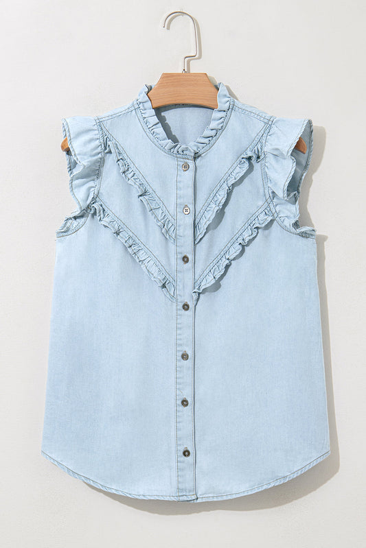 Mazie Mineral Wash Cap Sleeve Frilled Button Up Denim Shirt-0